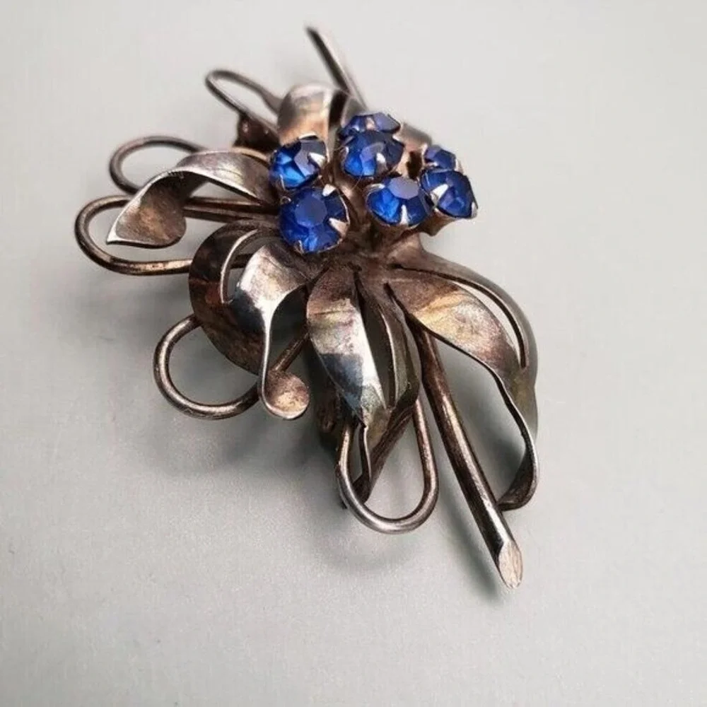 Vintage‎ Sterling Silver Brooch Blue Stones Retro Patina